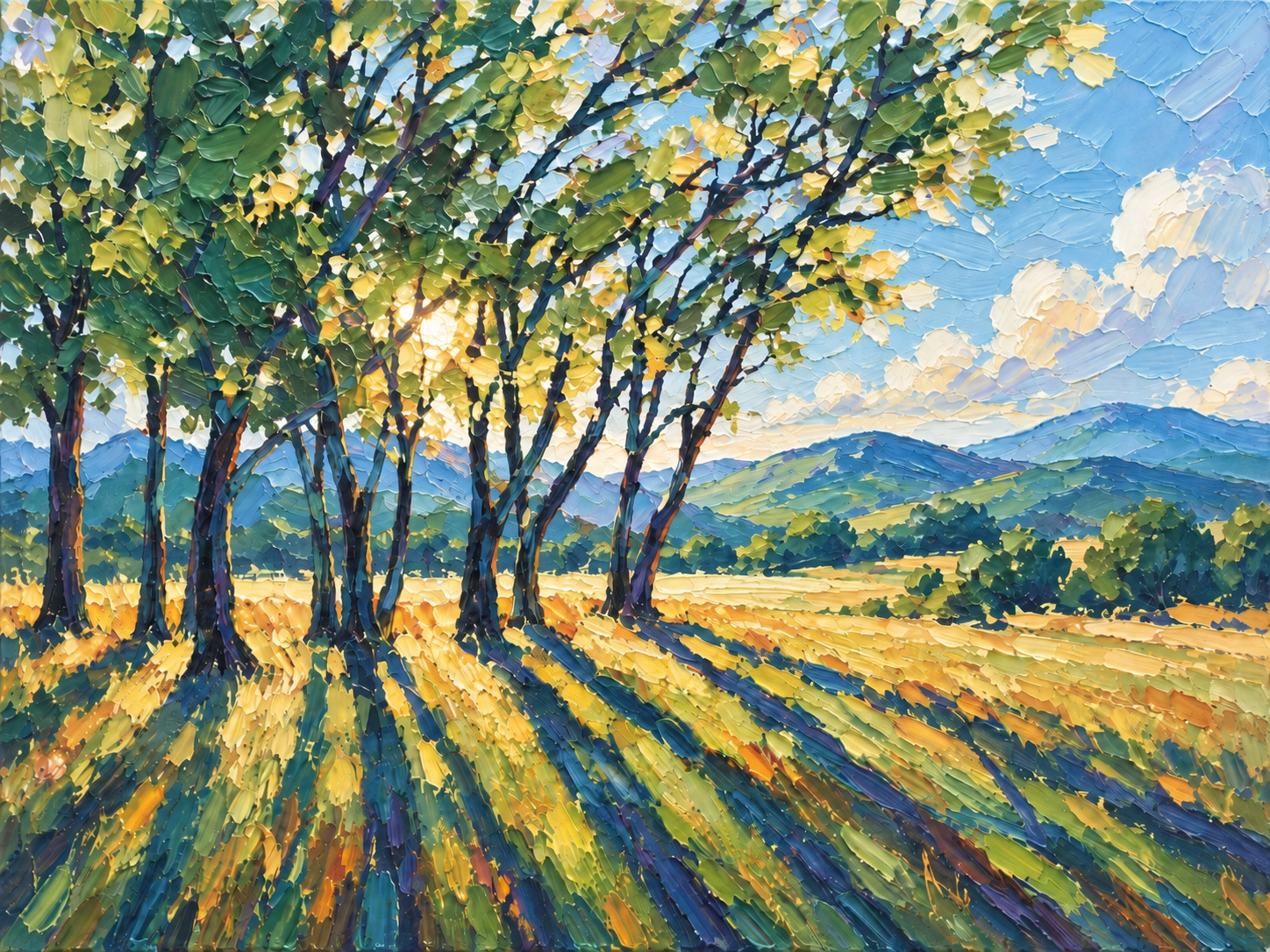 阳光穿过树林，在金色草地上投下树影的风景油画