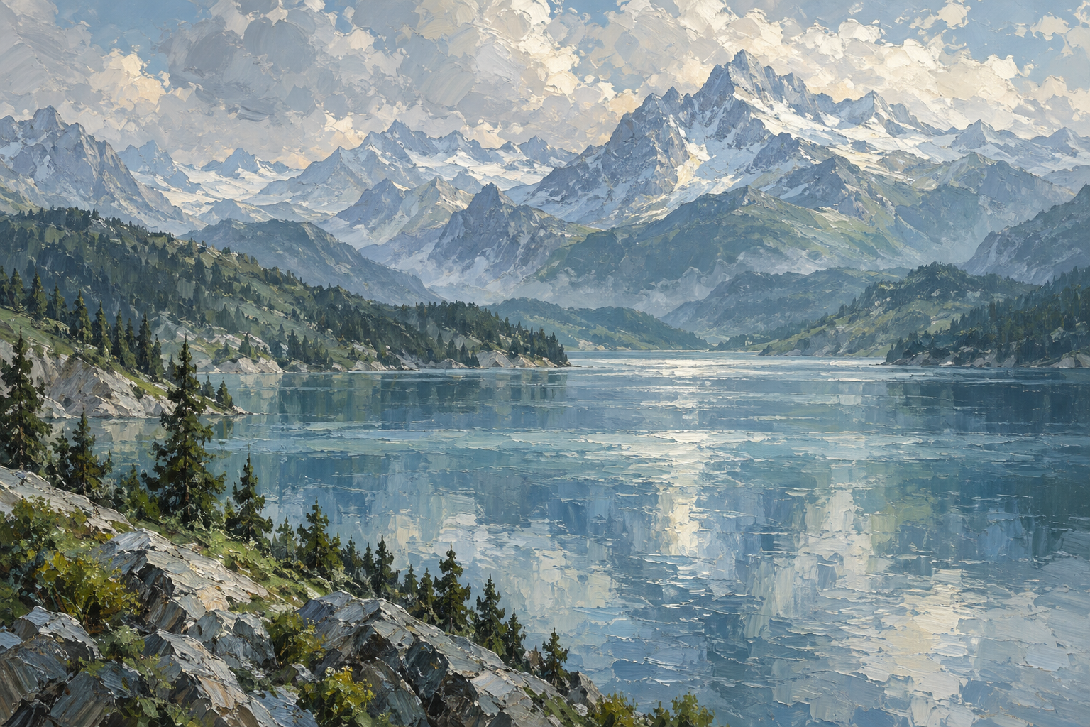 湖泊与层叠群山的青蓝色风景油画