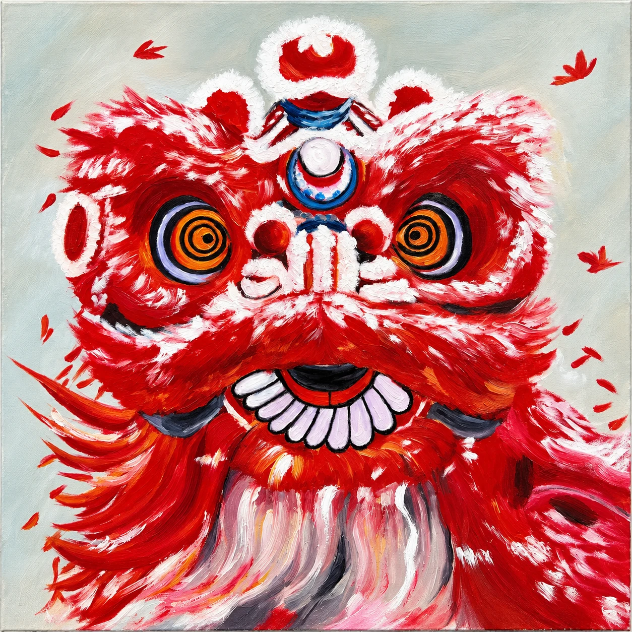 红色醒狮绘画，浓烈的红与金色眼睛呈现生动神采